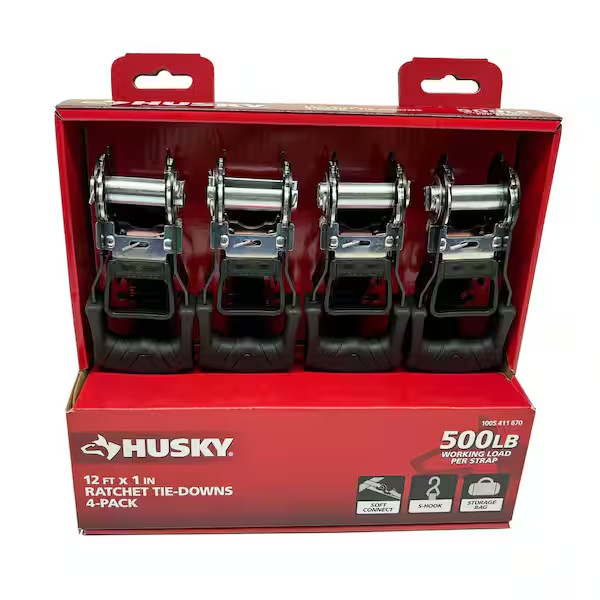 HUSKY RATCHET TIE-DOWN STRAPS 4-PACK 1 in x 12 ft Quick Release Hook 1500 lbs gallery