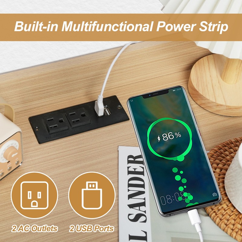 Charging Nightstand with Outlets & USB, 2 Rattan Drawers, Modern Farmhouse Style gallery