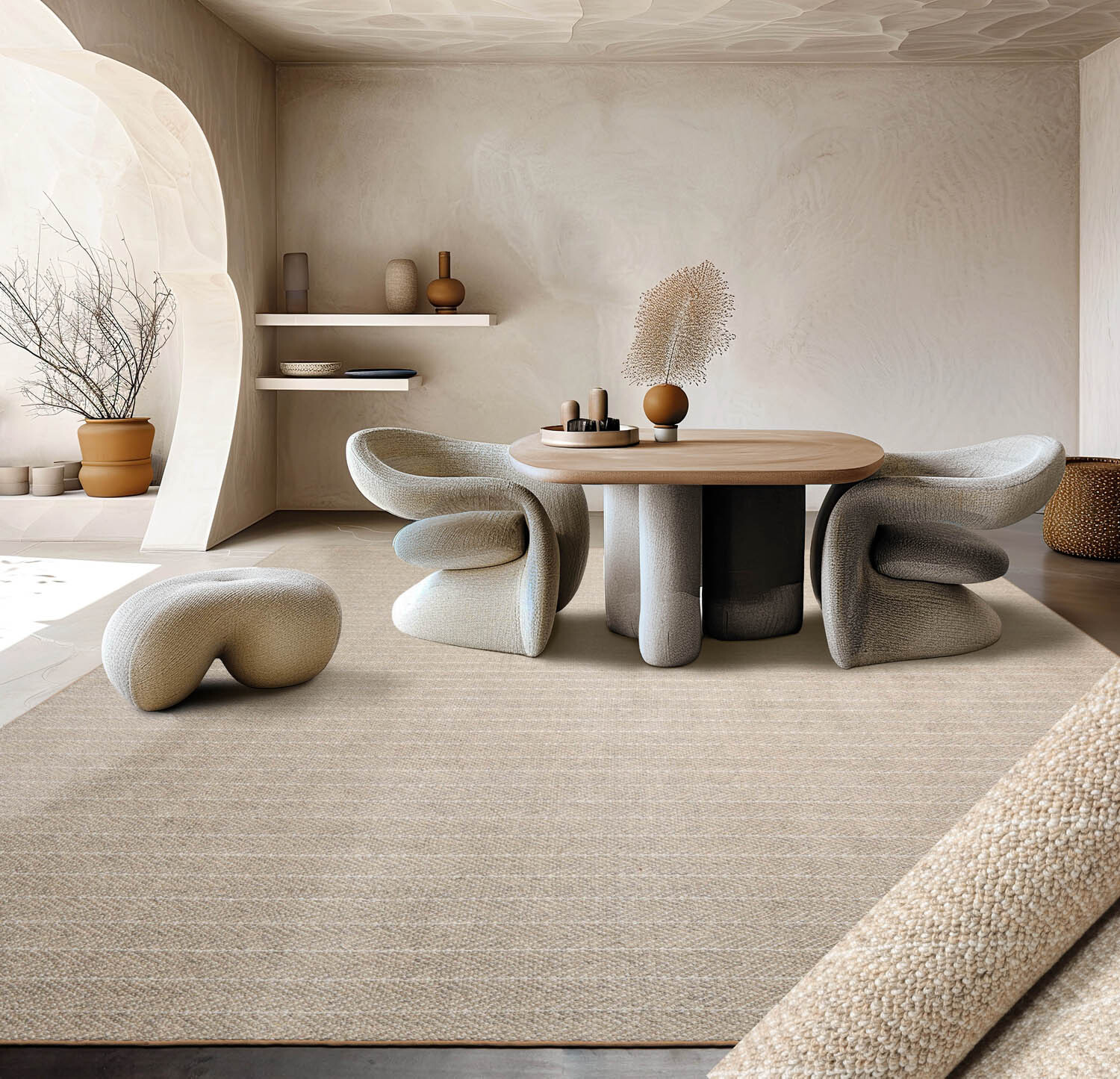 LoomBloom Multi Size Beige Hand Tufted Berber Herringbone New Zealand Wool Rug gallery