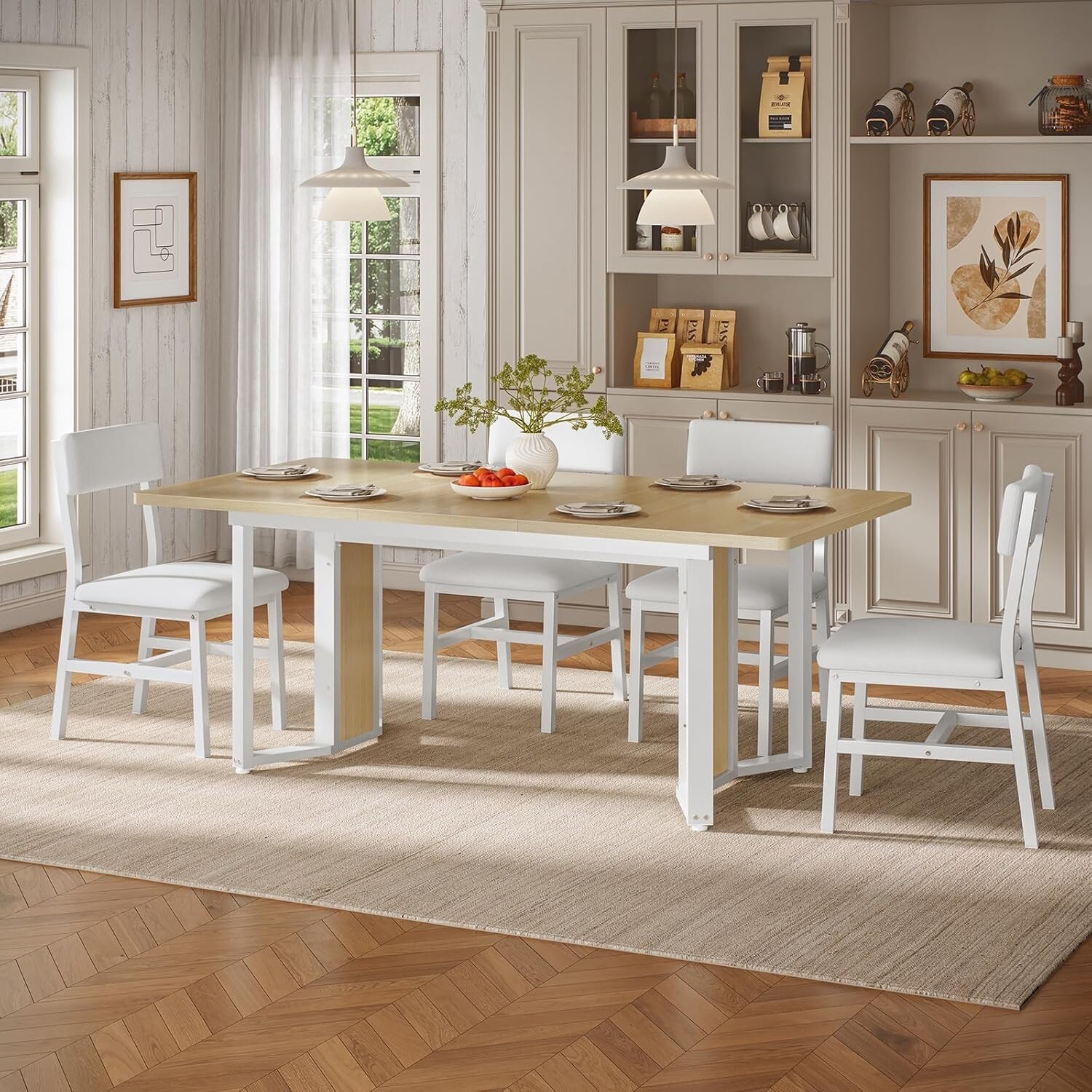 5-Piece Dining Table Set for 4-6 People, 63" Extendable Table & 4 Cushion Chairs gallery