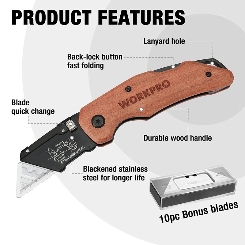 WORKPRO Heavy Duty Folding Utility Knife Box Cutter Quick-change Wood Handle NEW gallery