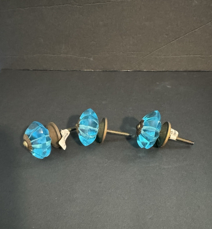 SET 3 Flower Shaped Drawer Pulls Knobs Cabinet Blue Acrylic & Metal 1.5" NOS gallery