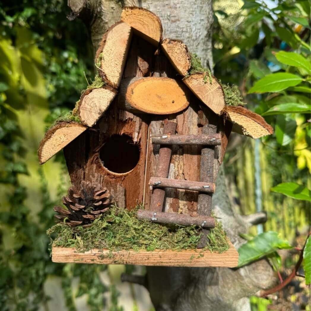 Handmade Wooden Hanging Birdhouse with Wooden Stairs & Acorn Design gallery