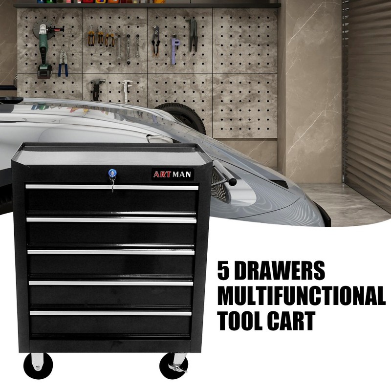 Black 5-Drawer Lockable Rolling Tool Chest Garage Storage Cabinet with Wheels gallery