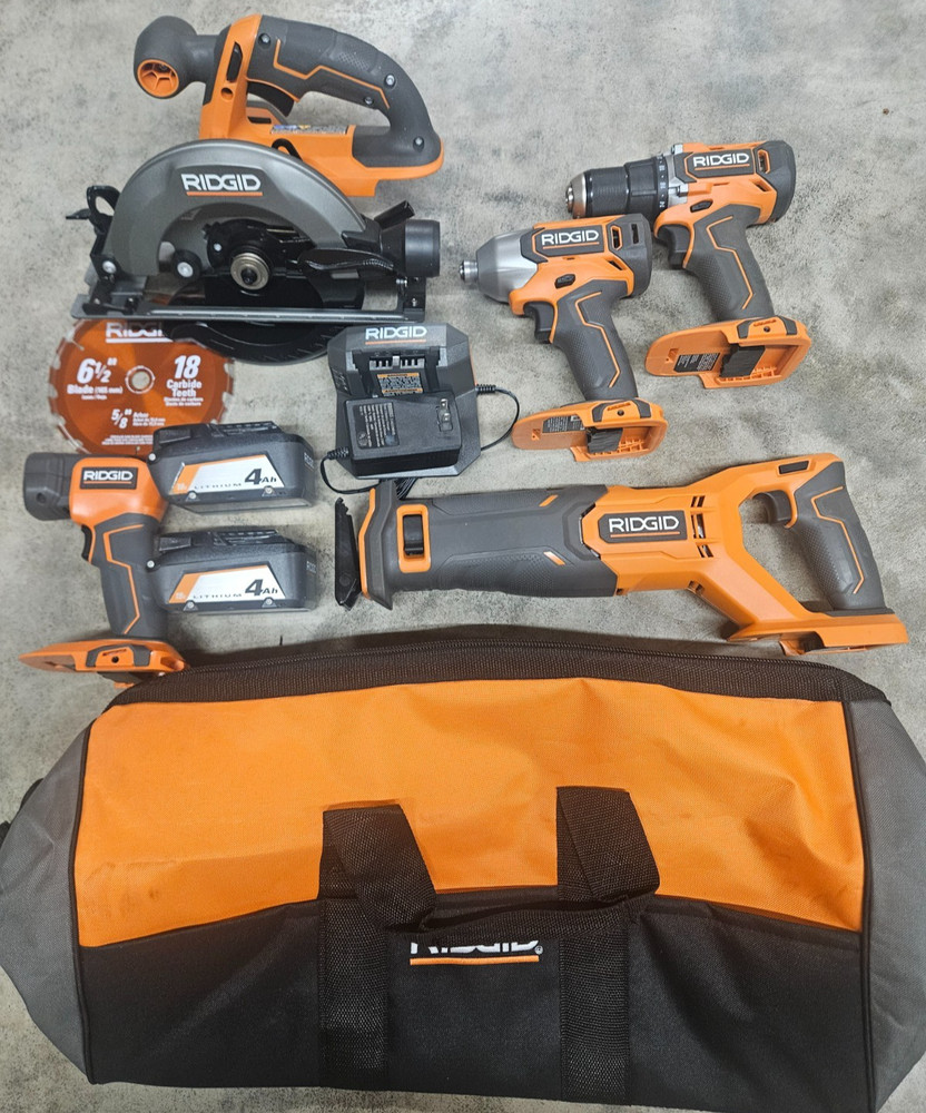 RIDGID 18V Cordless 5 Tool Combo Kit w/ 2 Batteries, Charger & Tool Bag