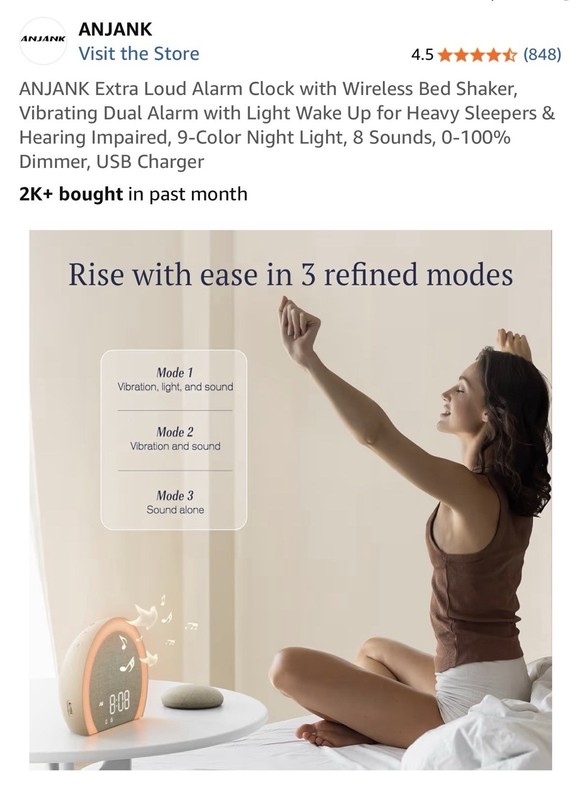 ANJANK Extra Loud Alarm Clock Digital Bed Shaker Dual Alarm Night Light Beige gallery