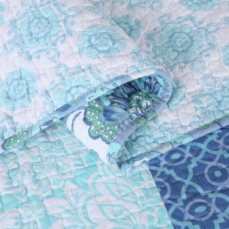 NEW! ~ COZY COTTAGE BEACH CHIC LIGHT BLUE AQUA TEAL GREEN PATCHWORK QUILT SET gallery