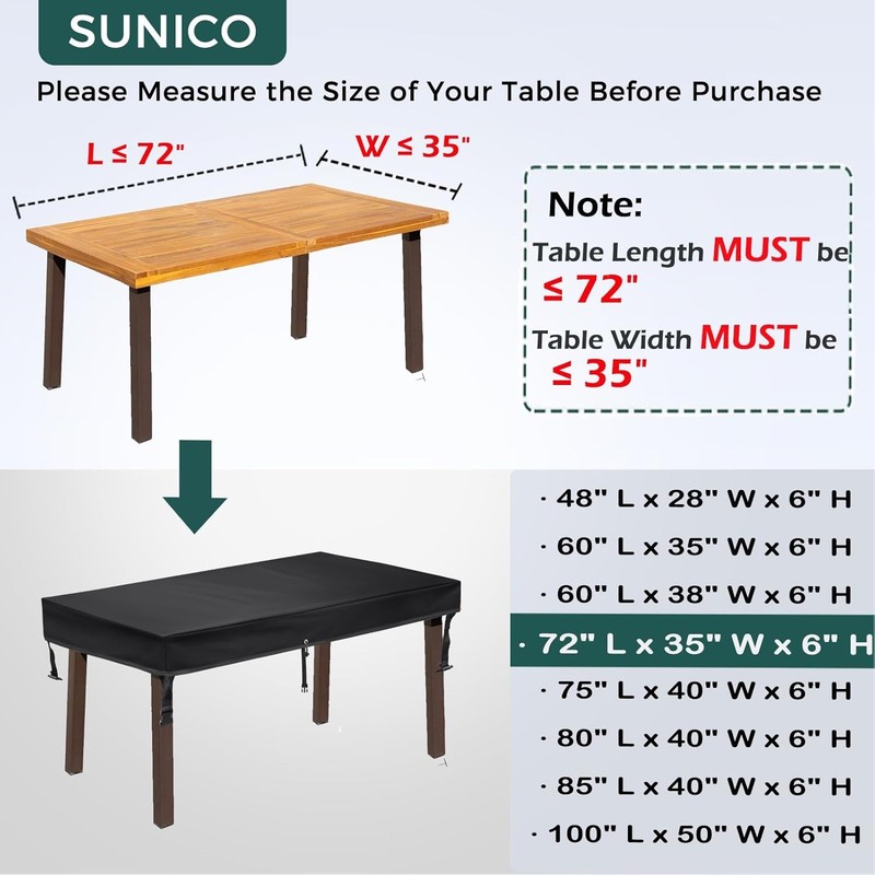 SUNICO Outdoor Table Cover rectangular (72" L x 35" 72 L x 35 W x 6 H, Black gallery
