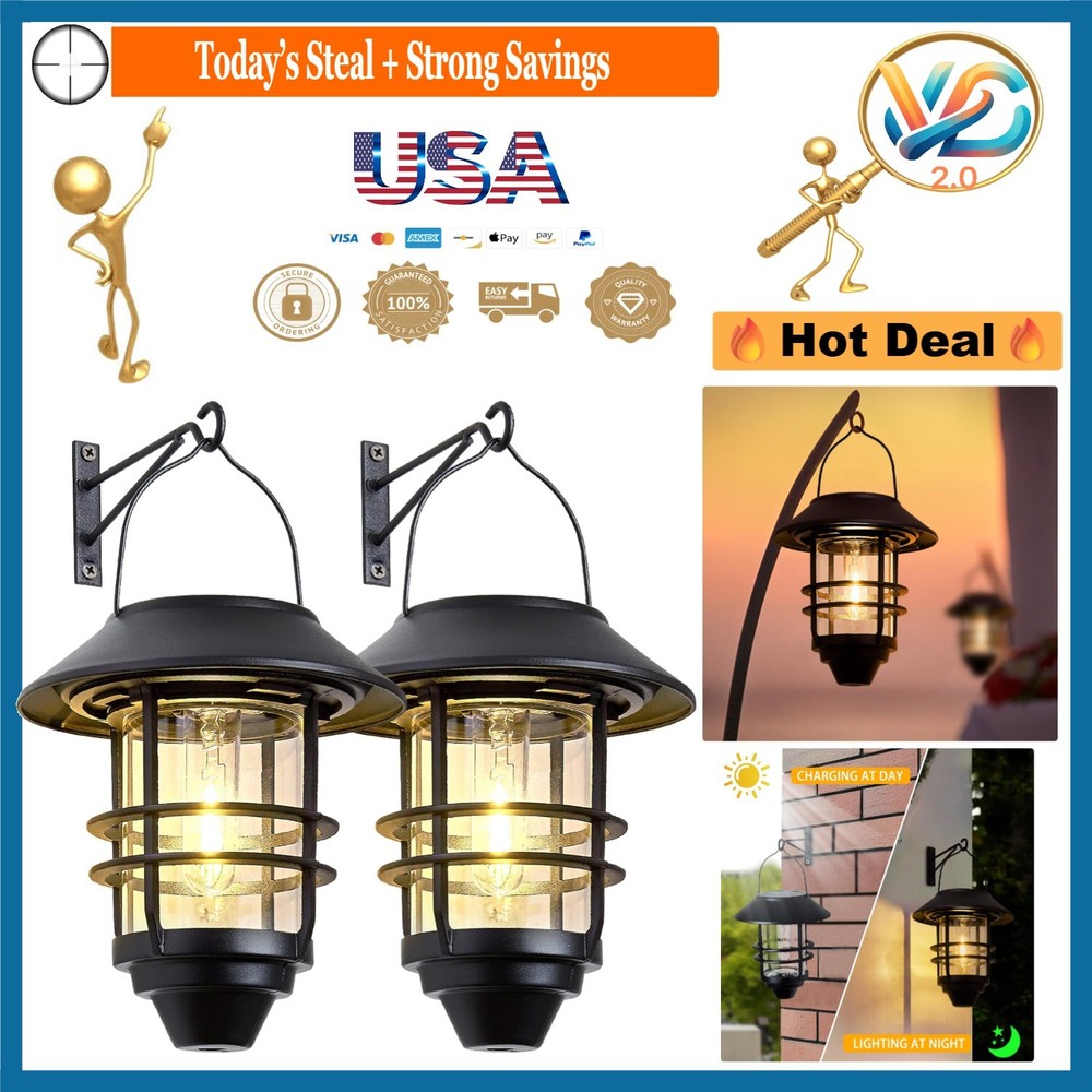 2 Pack Solar Outdoor Lanterns Waterproof Wall Mount Garden Porch Fence Light