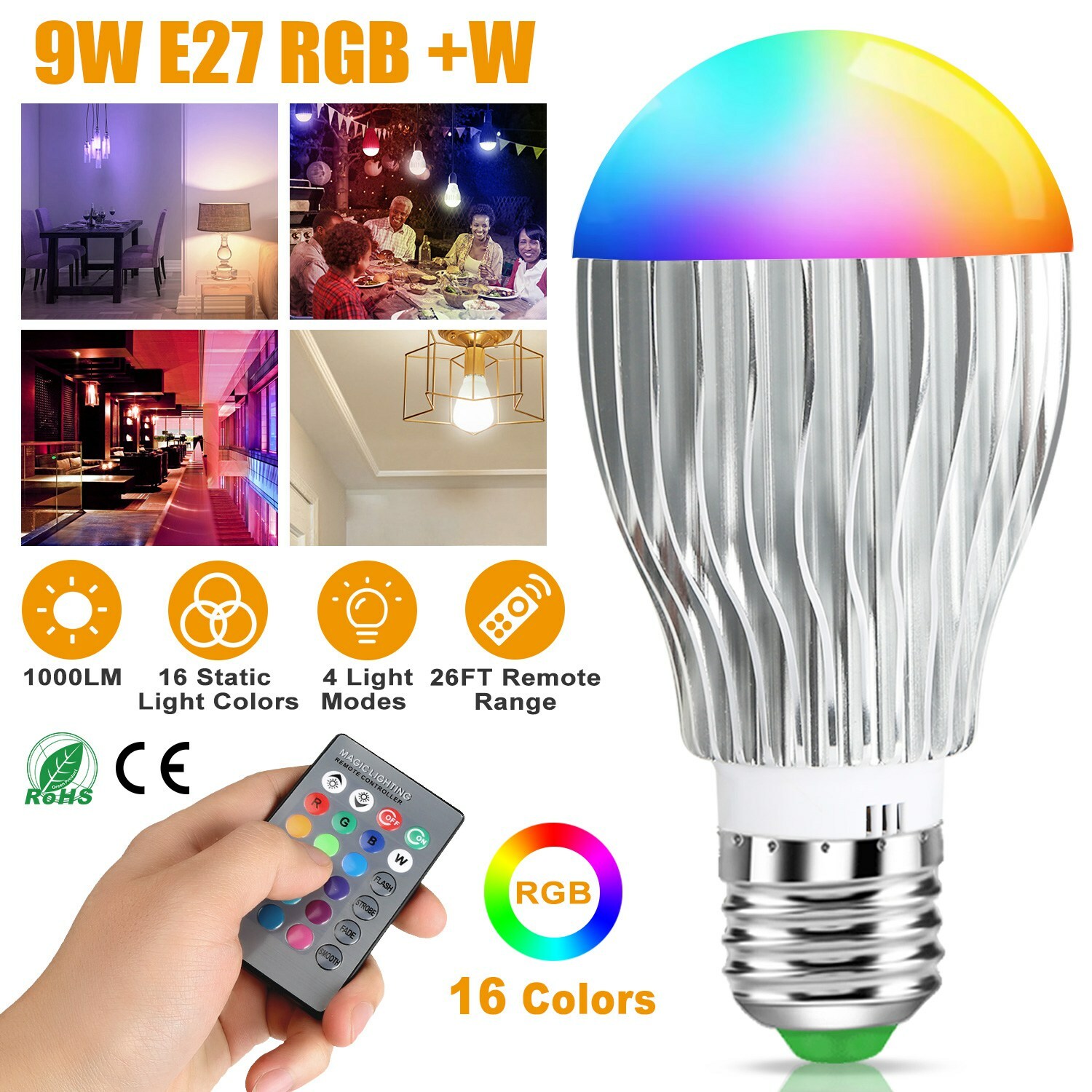 E27 RGB LED Bulb 9W 16-Color Changing Light w/ IR Remote Control Dimmable gallery