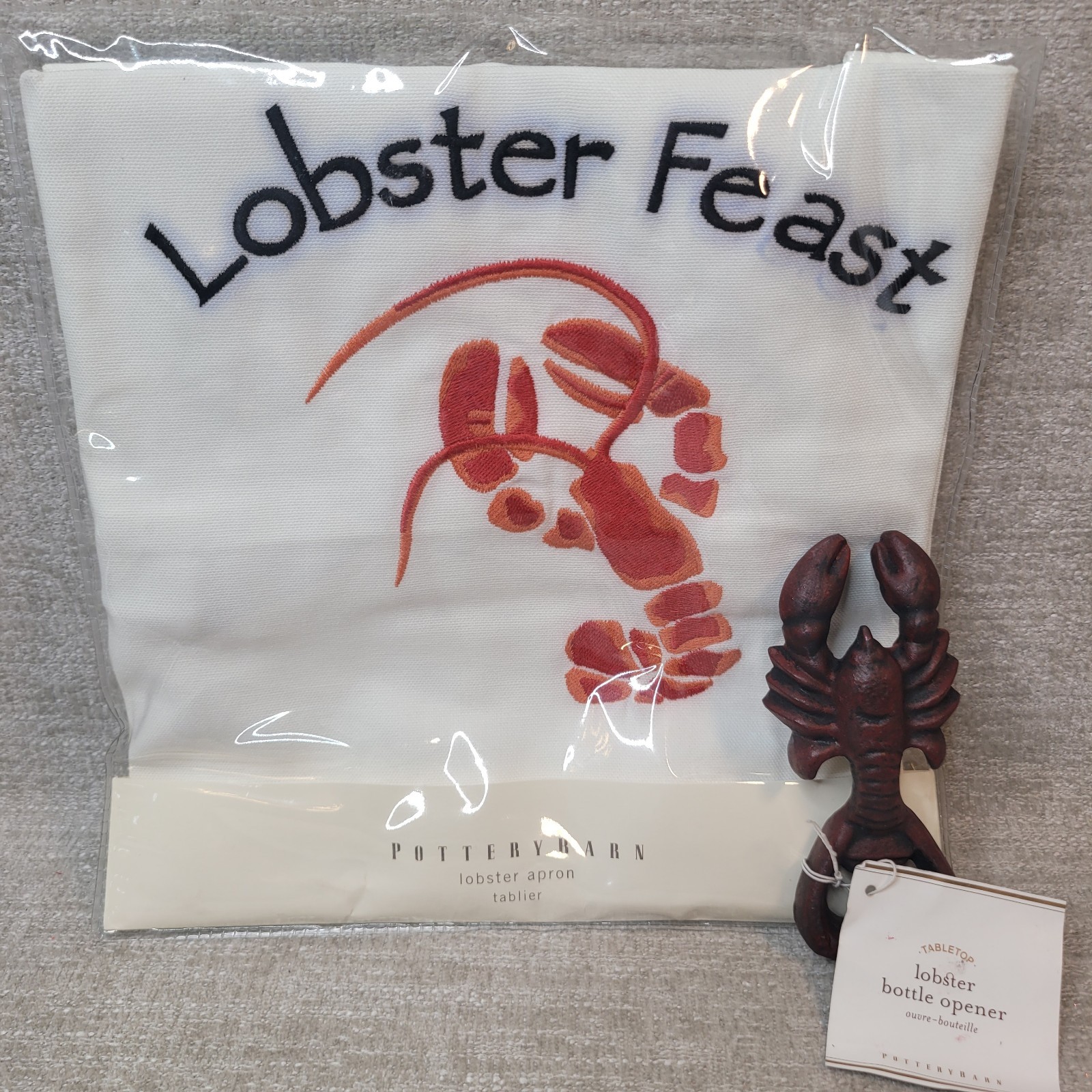 Pottery Barn Lobster Feast Apron Embroidered w Lobster Bottle Opener Both NEW gallery