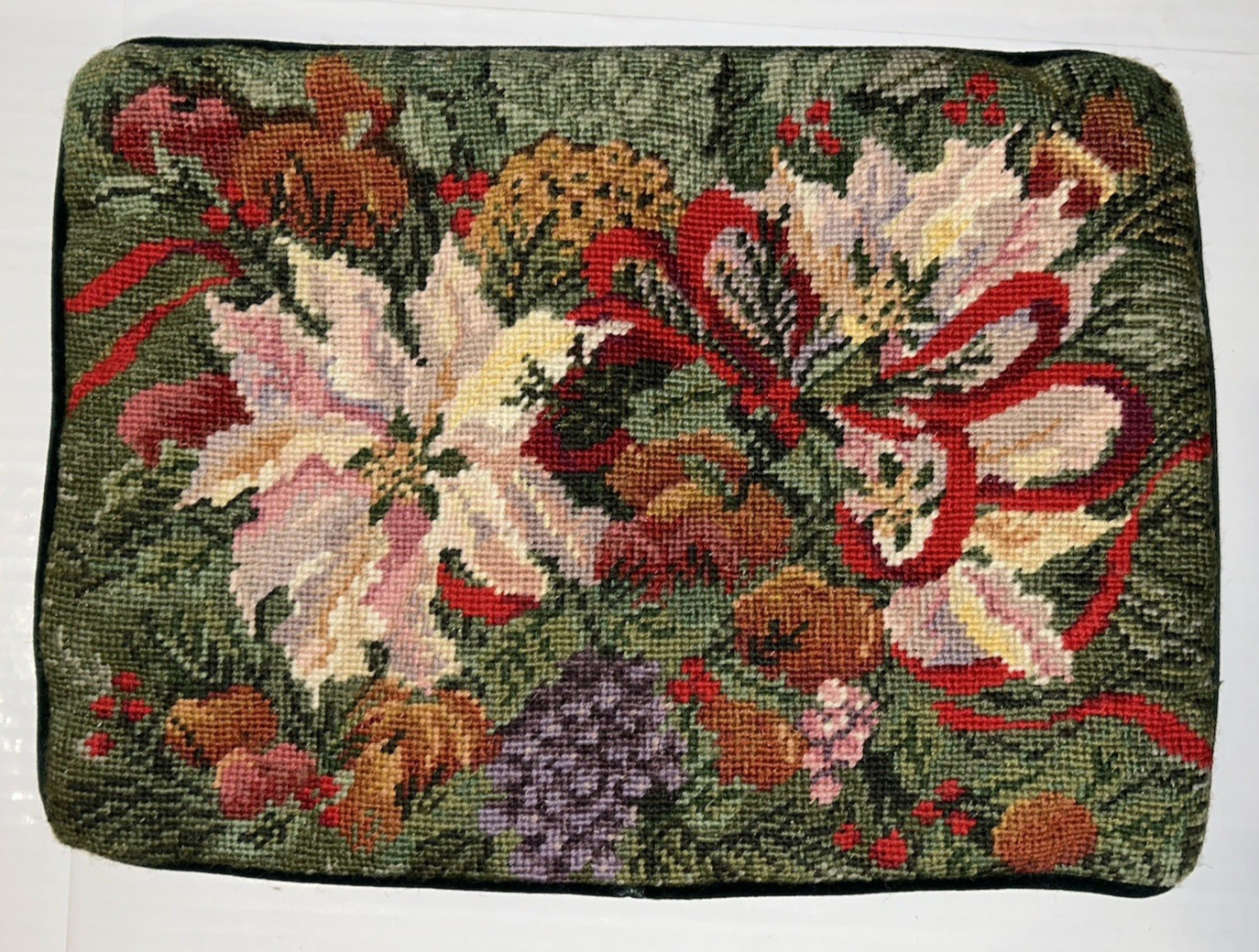 Wool Needlepoint Pillow Cover Floral Poinsettias Fruit 16x 11.5 Velvet Christmas gallery