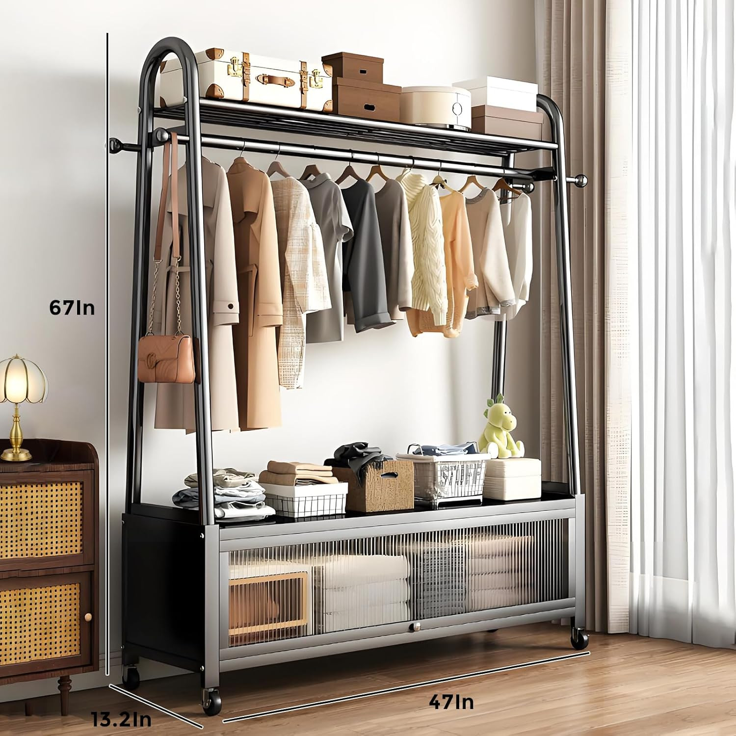 Portable Freestanding Clothes Rack with Storage Cabinet & Wheels - Black gallery