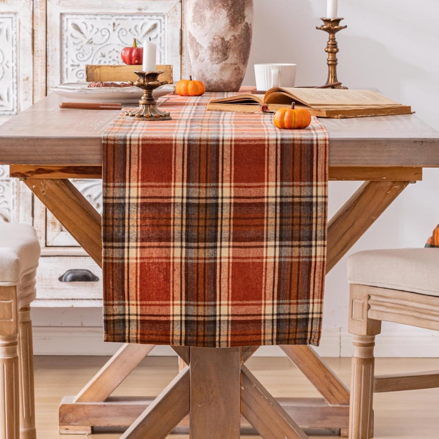 Plaid Fall Thanksgiving Table Runner, Autumn Holiday Rust Orange Table Runners 7 gallery