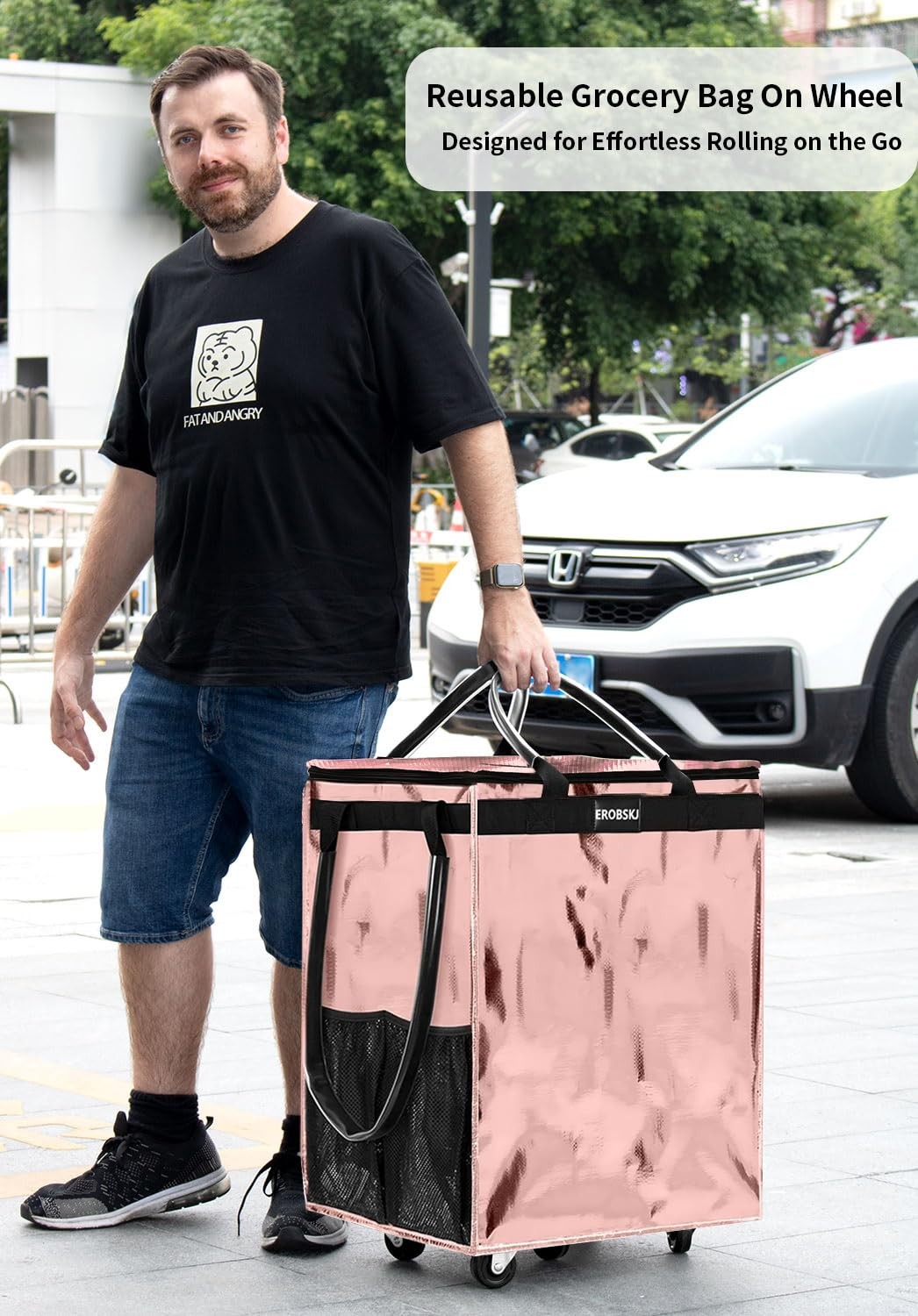 (Large,Rose Gold) Reusable Grocery Bag on Wheels, Foldable Rolling Tote, 90L ... gallery