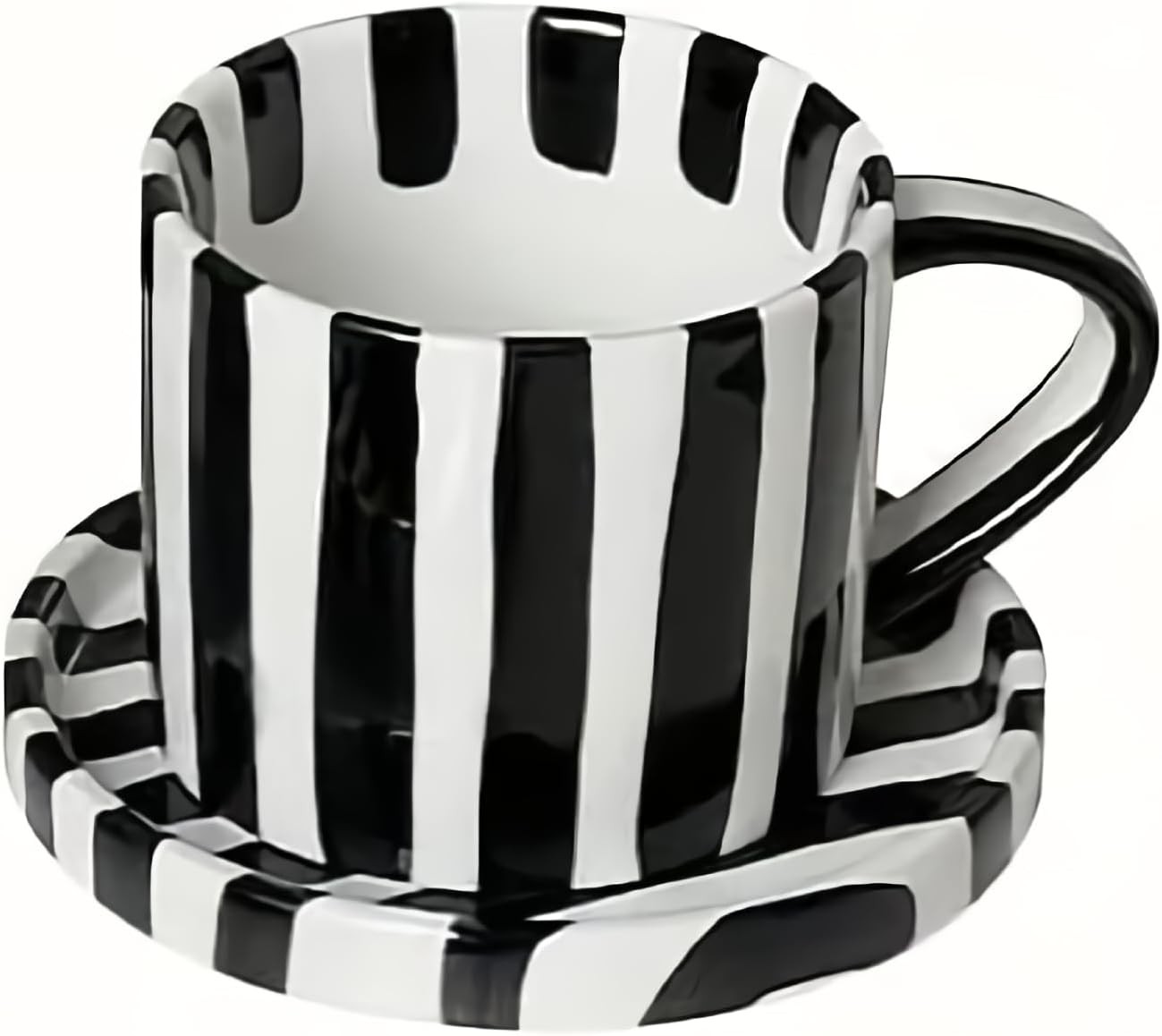 Black and White Striped Tea Cup and Saucer Set of 2, 8 oz Ceramic Coffee Mugs gallery