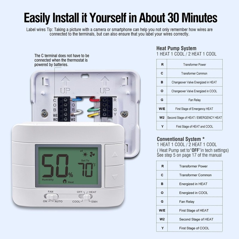 Non-Programmable Heat Pump Thermostat For House 2 Heat/1 Cool, With Temperature gallery