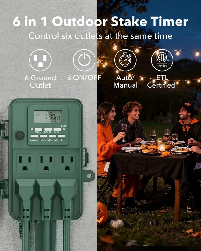Outdoor Power Stake Timer 7 days Waterproof 6 Grounded Outlets Weatherproof gallery