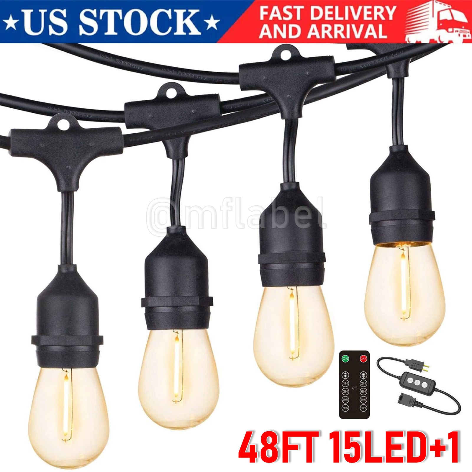 48FT LED Outdoor String Lights Garden Decor w/Remote Control Anti-Shatter Bulbs gallery