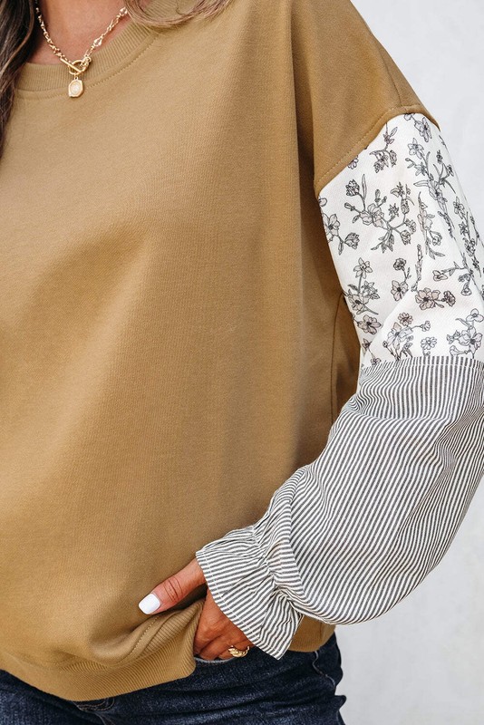 Camel Floral Striped Patchwork Ruffled Sleeve Crew Neck Sweatshirt gallery