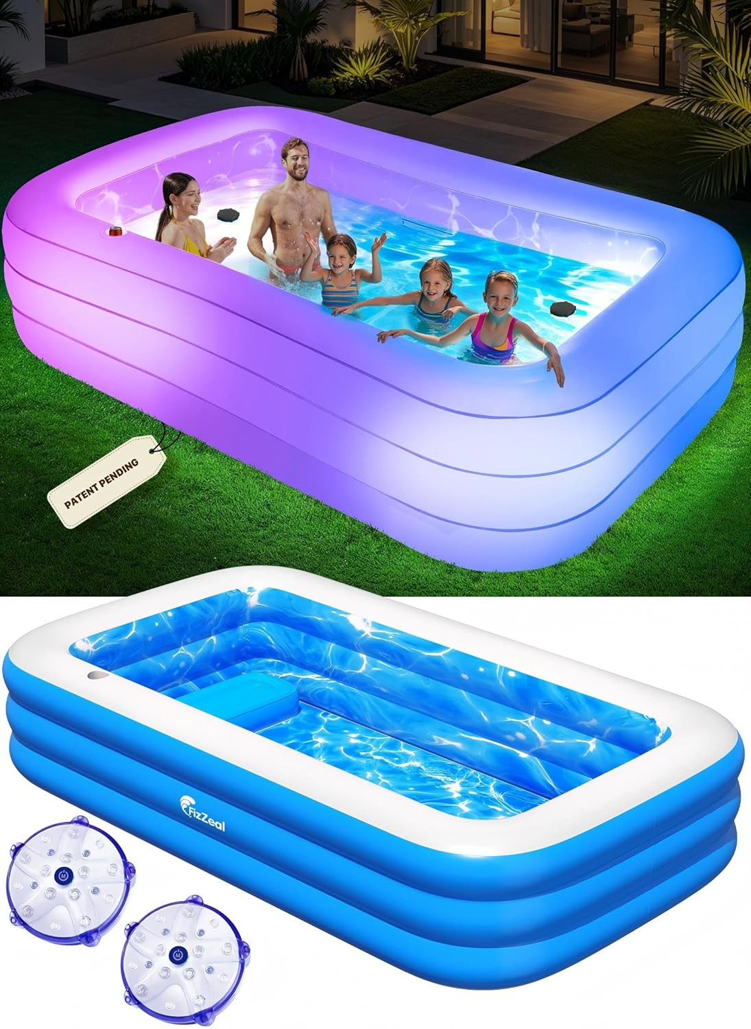 Inflatable Pool with Seat and Pool Lights, Durable Thickened Large Size Family I gallery