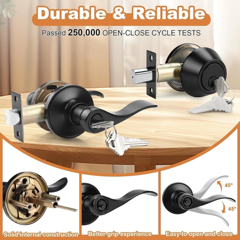 Universal Reversible Entry Lever Lockset with Single Cylinder Deadbolt, 1 Pack gallery