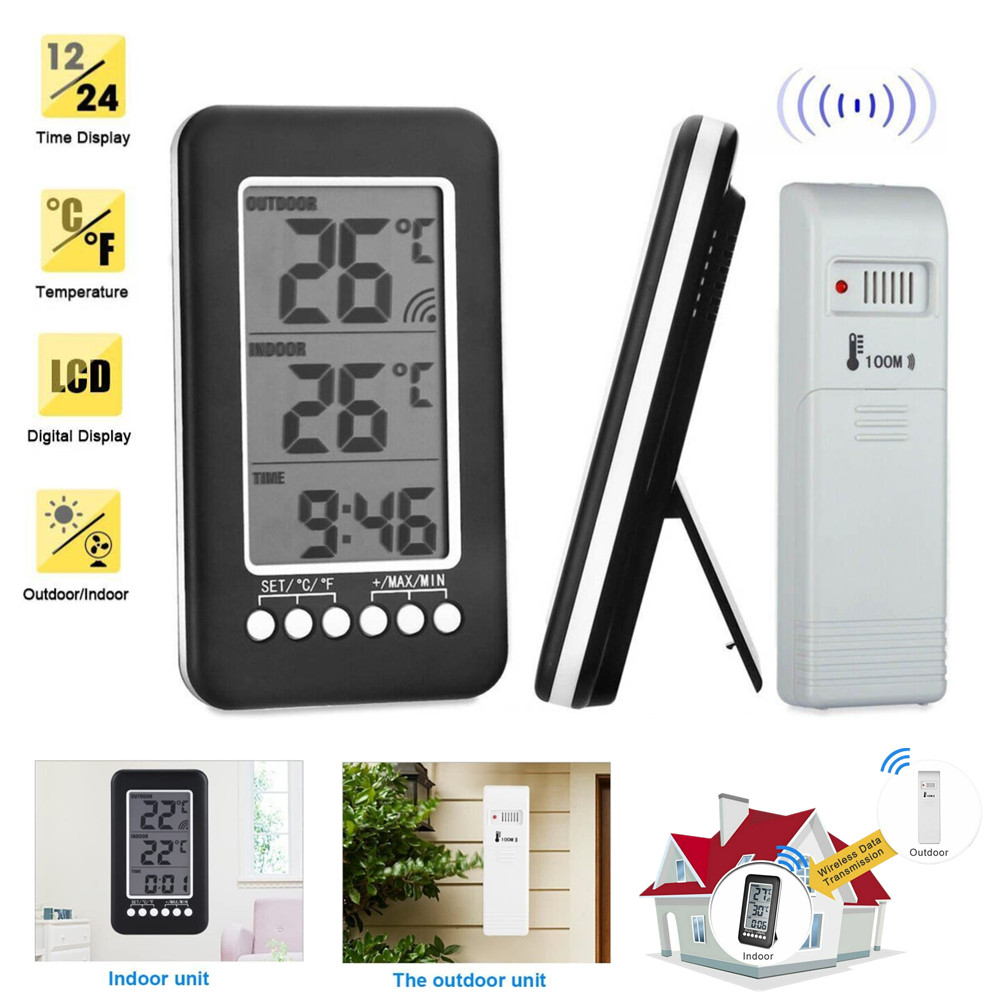 LCD Digital Thermometer Clock Indoor/Outdoor ℃/℉ Wireless Temperature Meter gallery