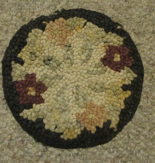 Vintage Needle Punch/Hook 8” Round Table Mat, Black Edge, Floral Design gallery
