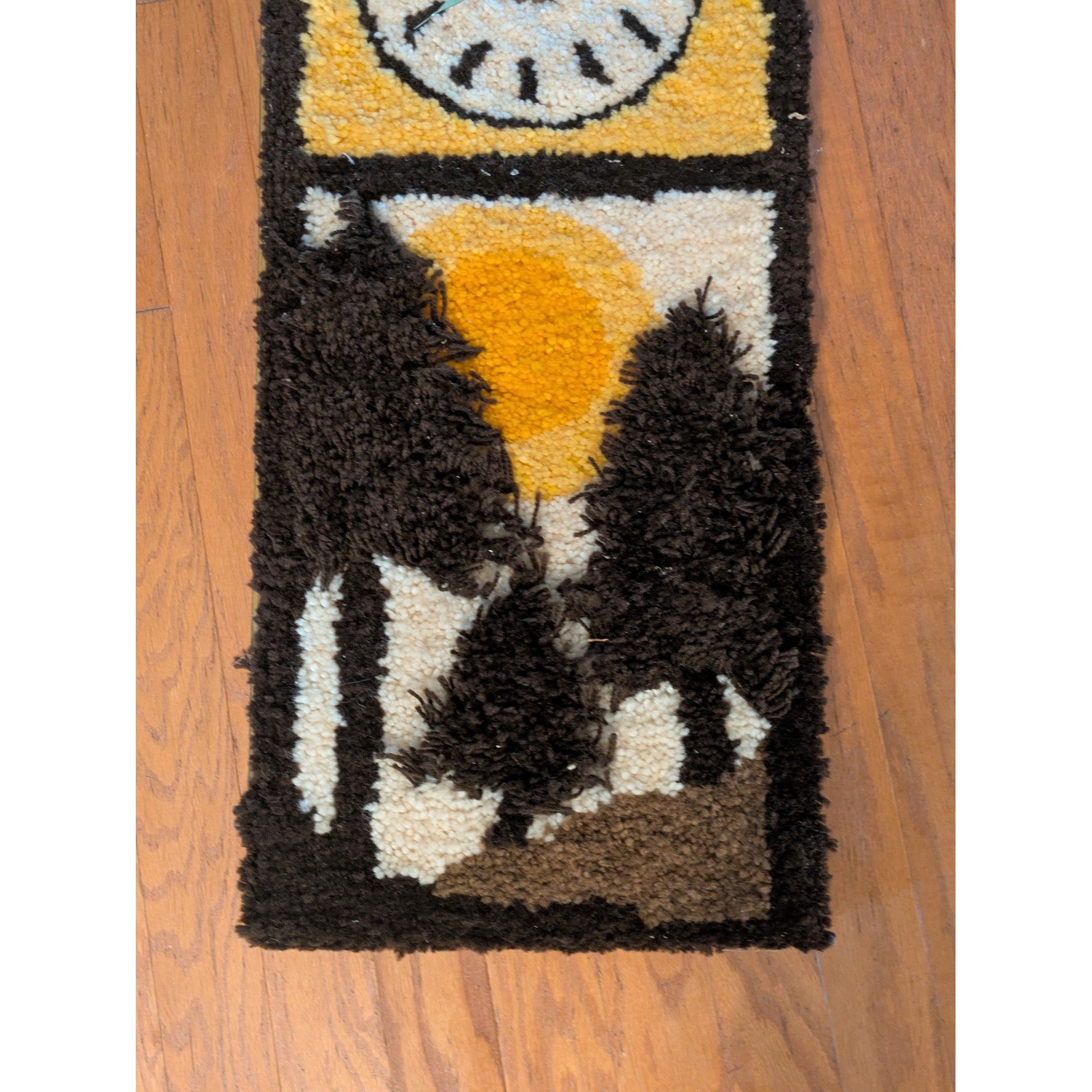 19 70s Latch Hook Rug Wall Clock Shag Fiber Art Landscape Sun Trees 34 x 16 In gallery