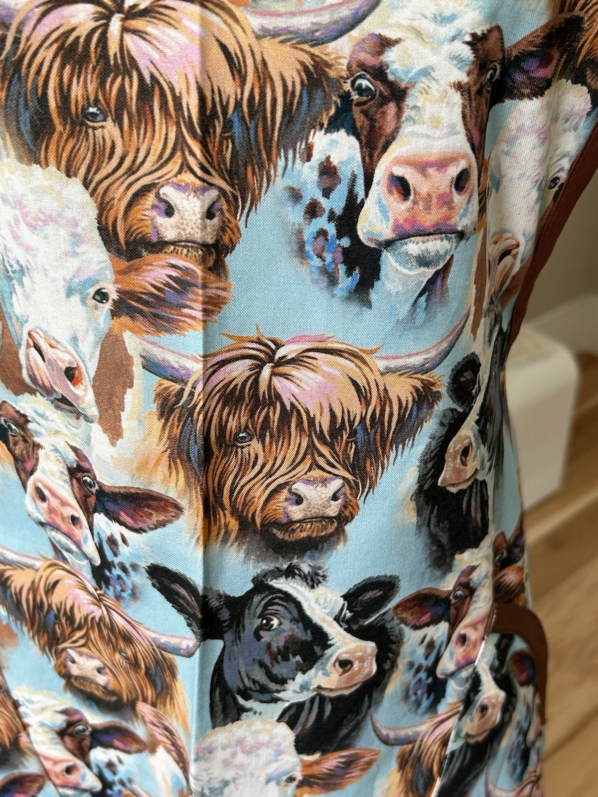 Handmade Bib Apron Highland Cows Print In Blues And Browns Waist 34” Fits 8-14 gallery