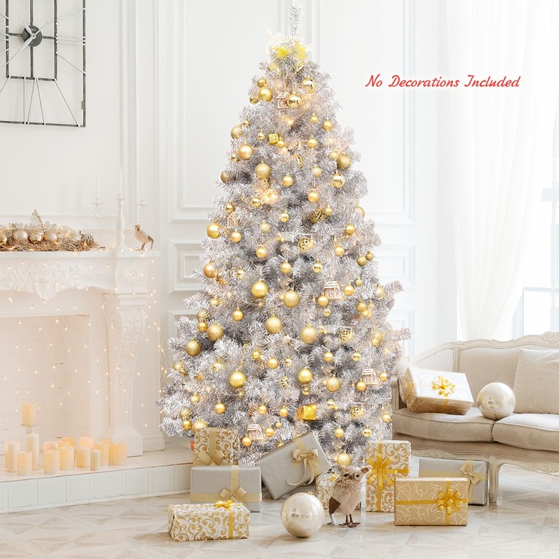 7.5Ft Hinged Unlit Artificial Silver Tinsel Christmas Tree Holiday w/Metal Stand gallery