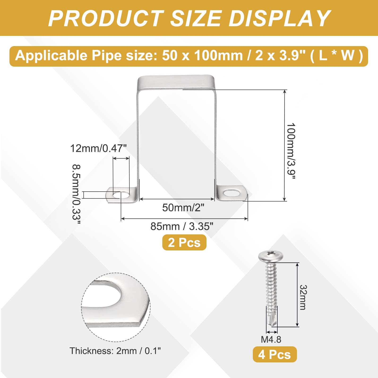 2Pcs 50x100mm U Shape Square Tube Clamp with Phillips Head Self Drilling Screws gallery