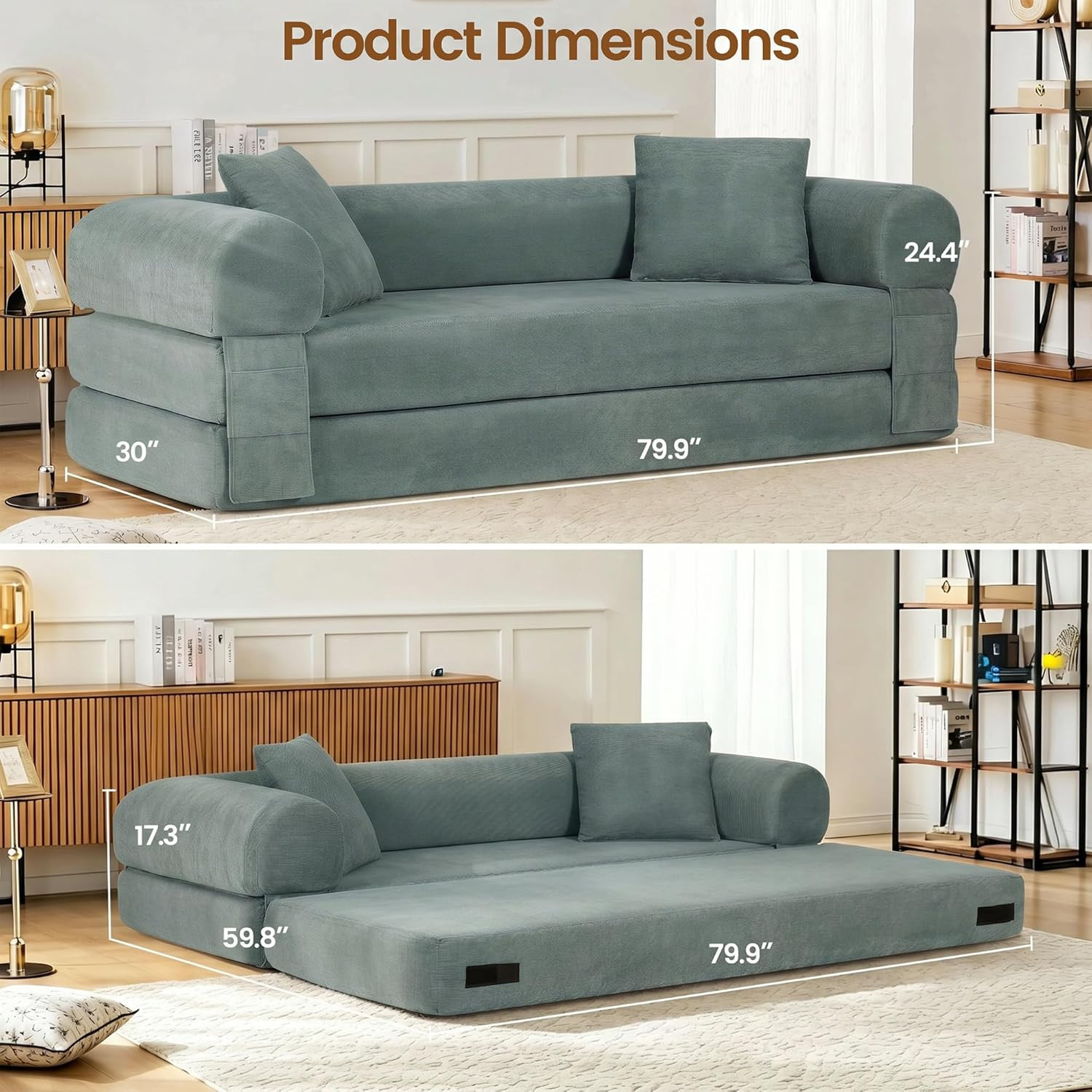 Light Green 80" Convertible Sofa Bed with Storage & Pillows, No Assembly gallery