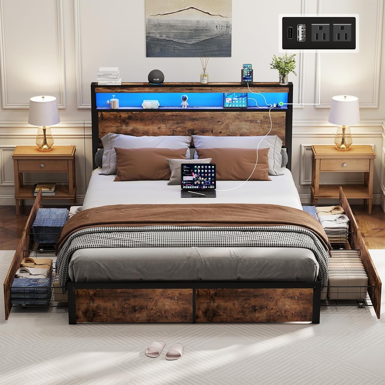 Full Queen Bed Frame with 4 Storage Drawers and Charging Station ＆ LED Lights gallery