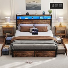 Full Queen Bed Frame with 4 Storage Drawers and Charging Station ＆ LED Lights