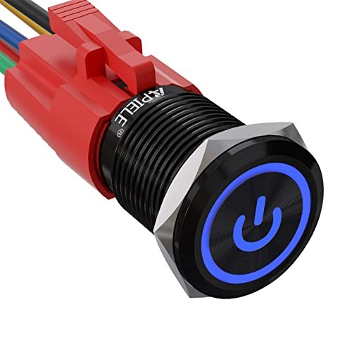 16mm Latching Push Button Switch 0.63" 12V Power Symbol Ring Blue/ Black Shell gallery