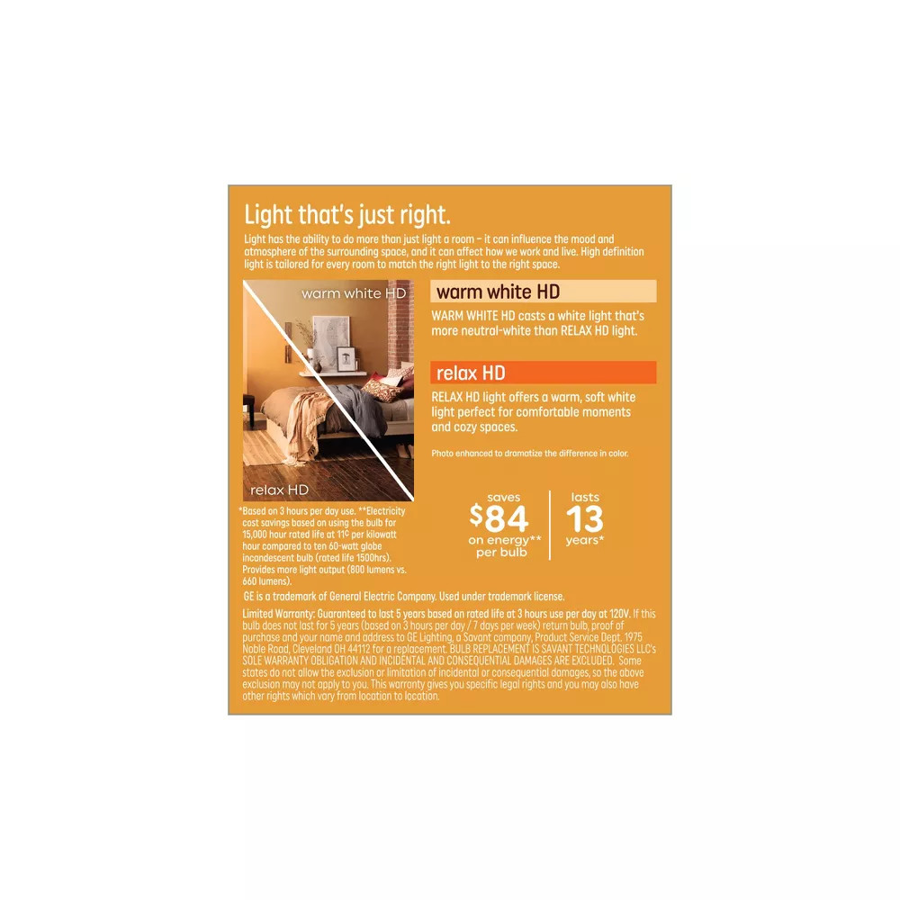 GE HD Refresh LED Warm White 60W Medium T14 Light Bulb 2 Bulbs 800 Lumens gallery