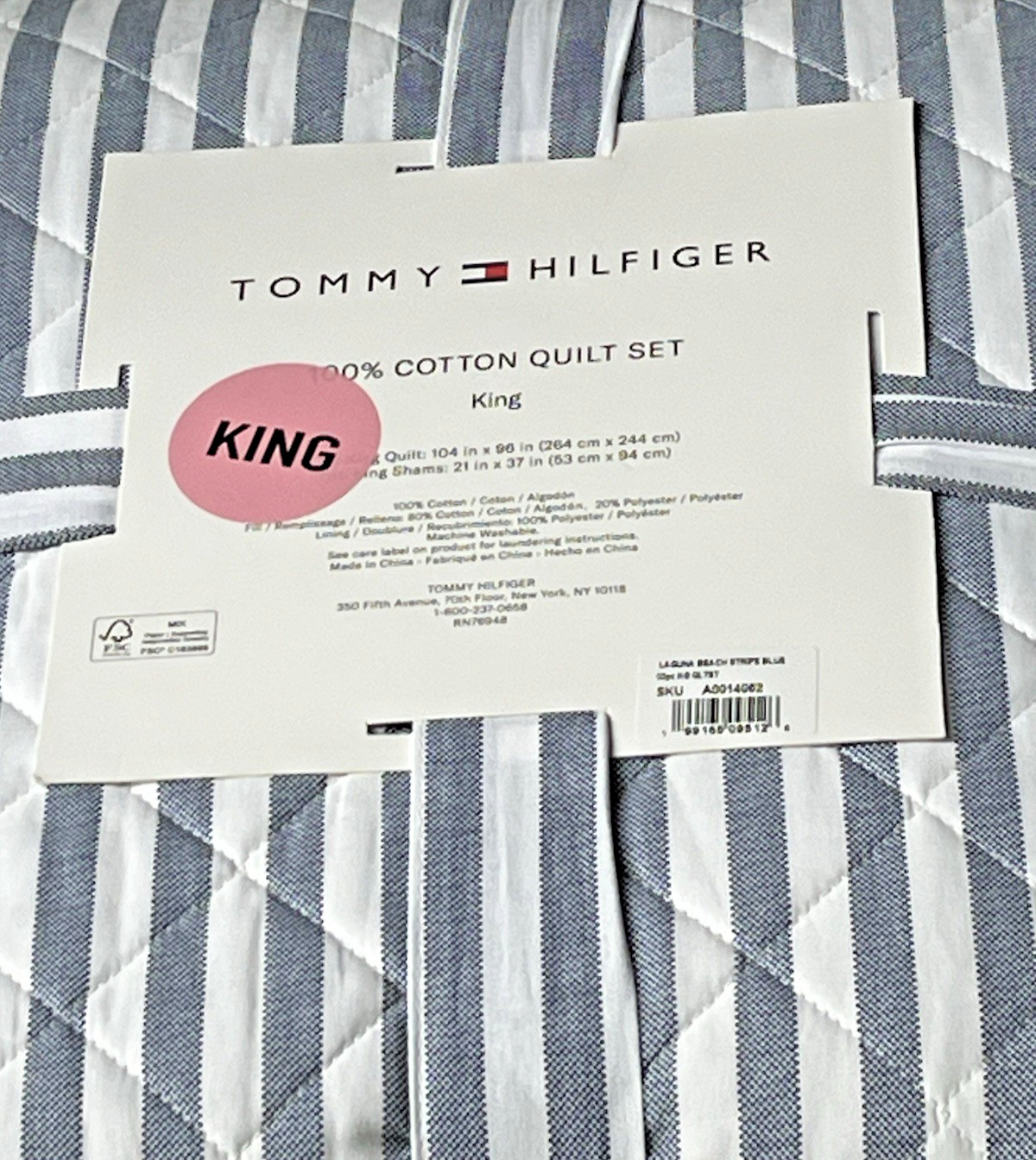 Tommy Hilfiger Navy Blue & White Striped 100% Cotton KING Quilt SET 3pc gallery