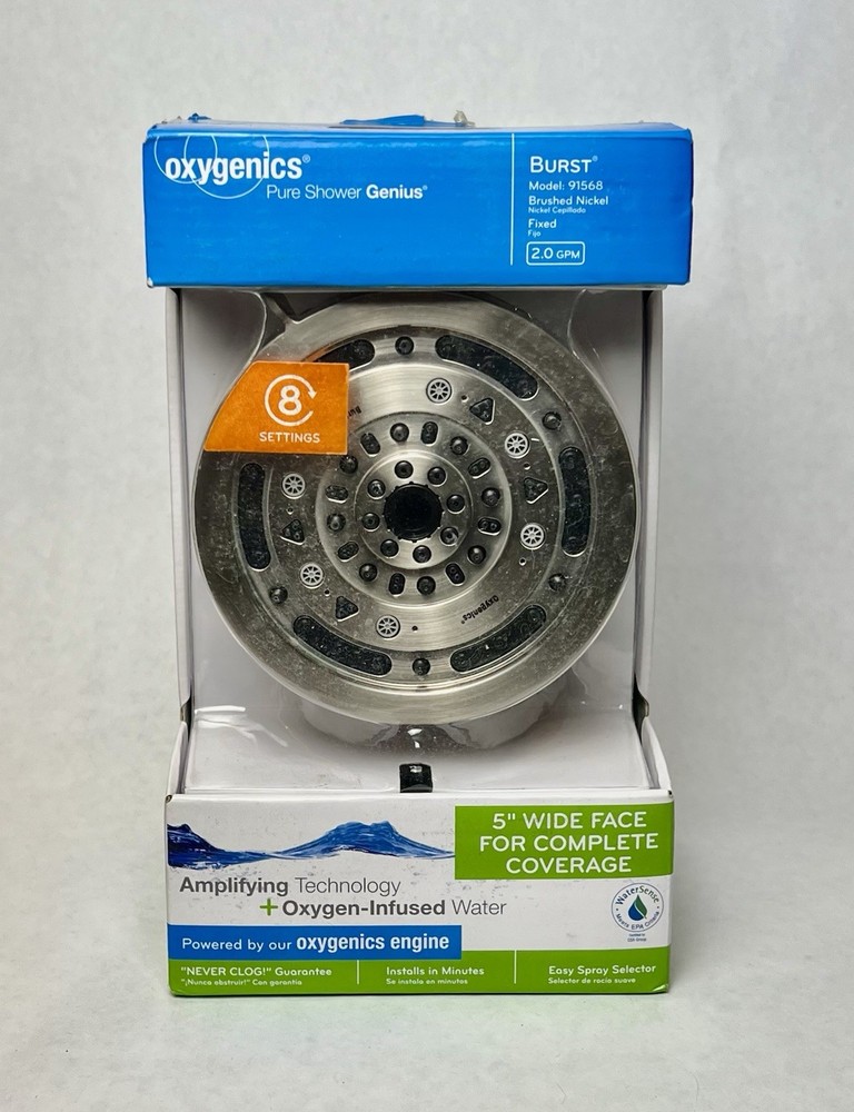 Oxygenics Burst Fixed Shower Head Brushed Nickel 5” Wide 2-GPM Model 91568