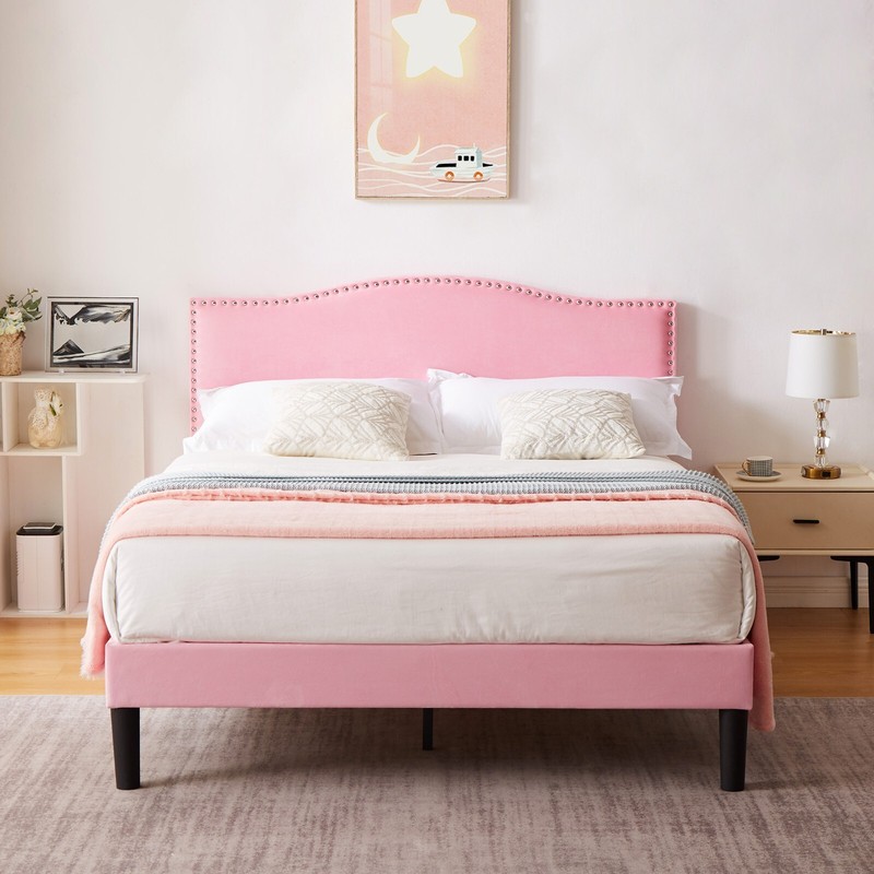 Bed Frame w/ Adjustable Fabric Headboard Twin/Full/Queen Size Wood Slat Support gallery