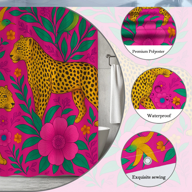 Vibrant Pink Leopard Floral Shower Curtain - Colorful Bathroom Decor gallery