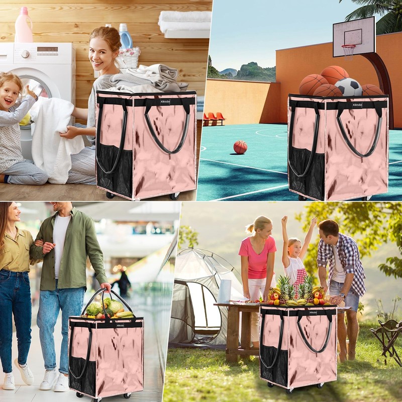 (Medium, Rose Gold) Reusable Grocery Bag on Wheels, Foldable Rolling Tote Carrie gallery