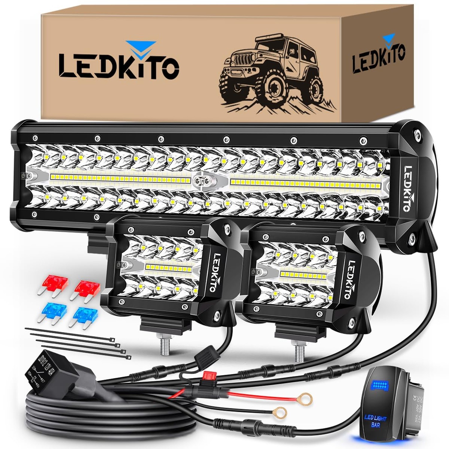 12 Inch LED Light Bar and 2PCS 4 Inch LED Pods with Rocker Switch 3 Lead Wiri... gallery