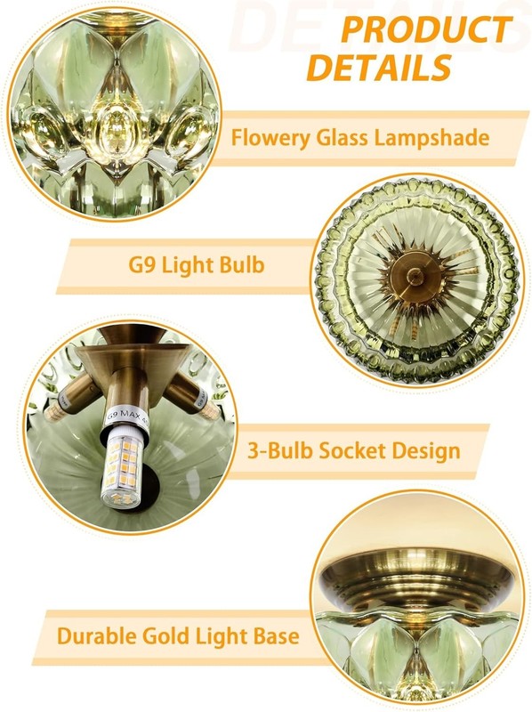11" Semi Flush Mount Ceiling Light Vintage Gold 3-Light Green Glass Fixture gallery
