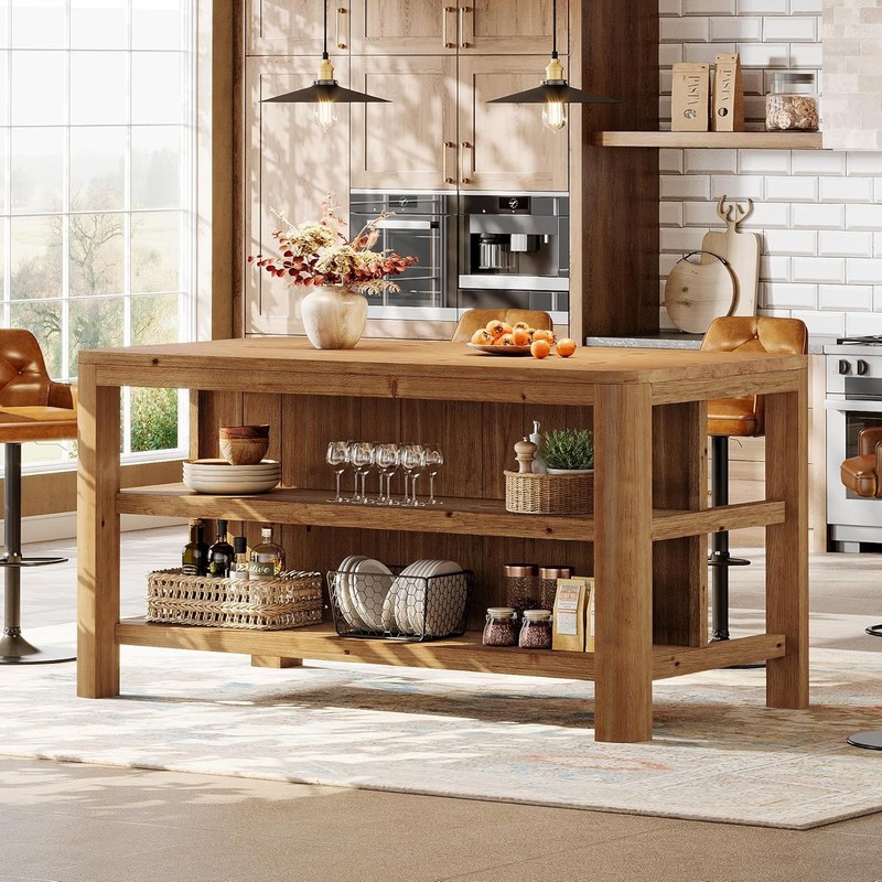 63-Inch Farmhouse Solid Wood Kitchen Island with Storage Shelves for Dining Room gallery