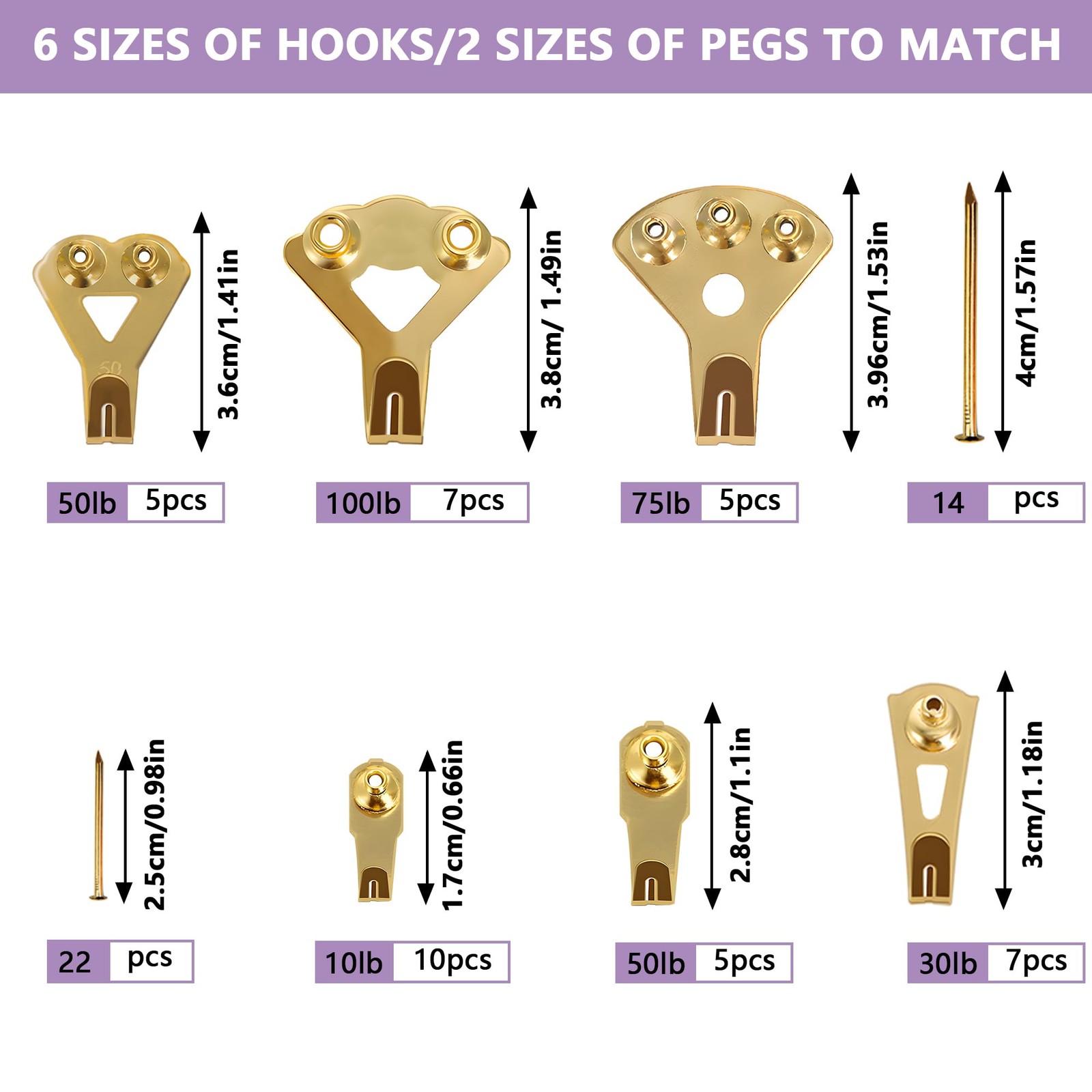 120Pcs Picture Hook Set in 6 Sizes (10LB/20LB/30LB/50LB/75LB/100LB) and 71pcs Na gallery