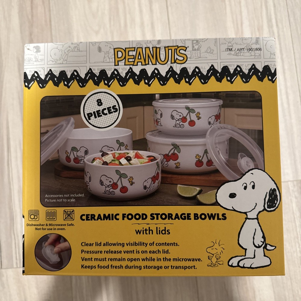 Peanuts Snoopy 8 PC Ceramic Food Storage Bowls w/ Lids Cherries