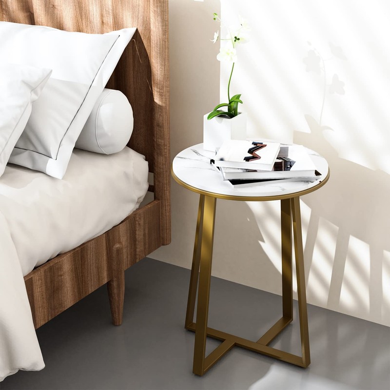 Round End Tables, Small Side Table White Marble Texture MDF ,Metal Frame Gold Co gallery