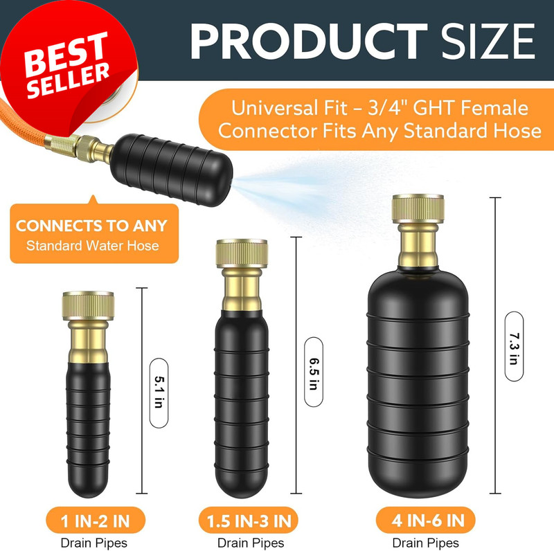 3-Pack Drain Bladder Kit Water-Powered Rubber for 1-6 Inch Pipes, Clears Clogs gallery