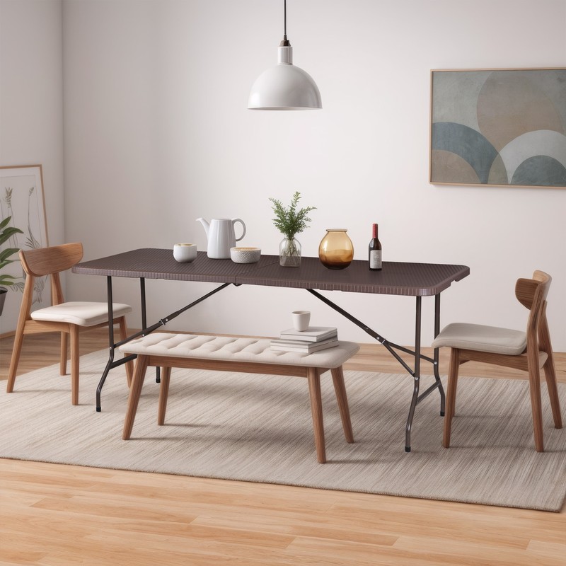 6FT Plastic Folding Table Portable Fold-in-Half Picnic Table with Handle Brown gallery